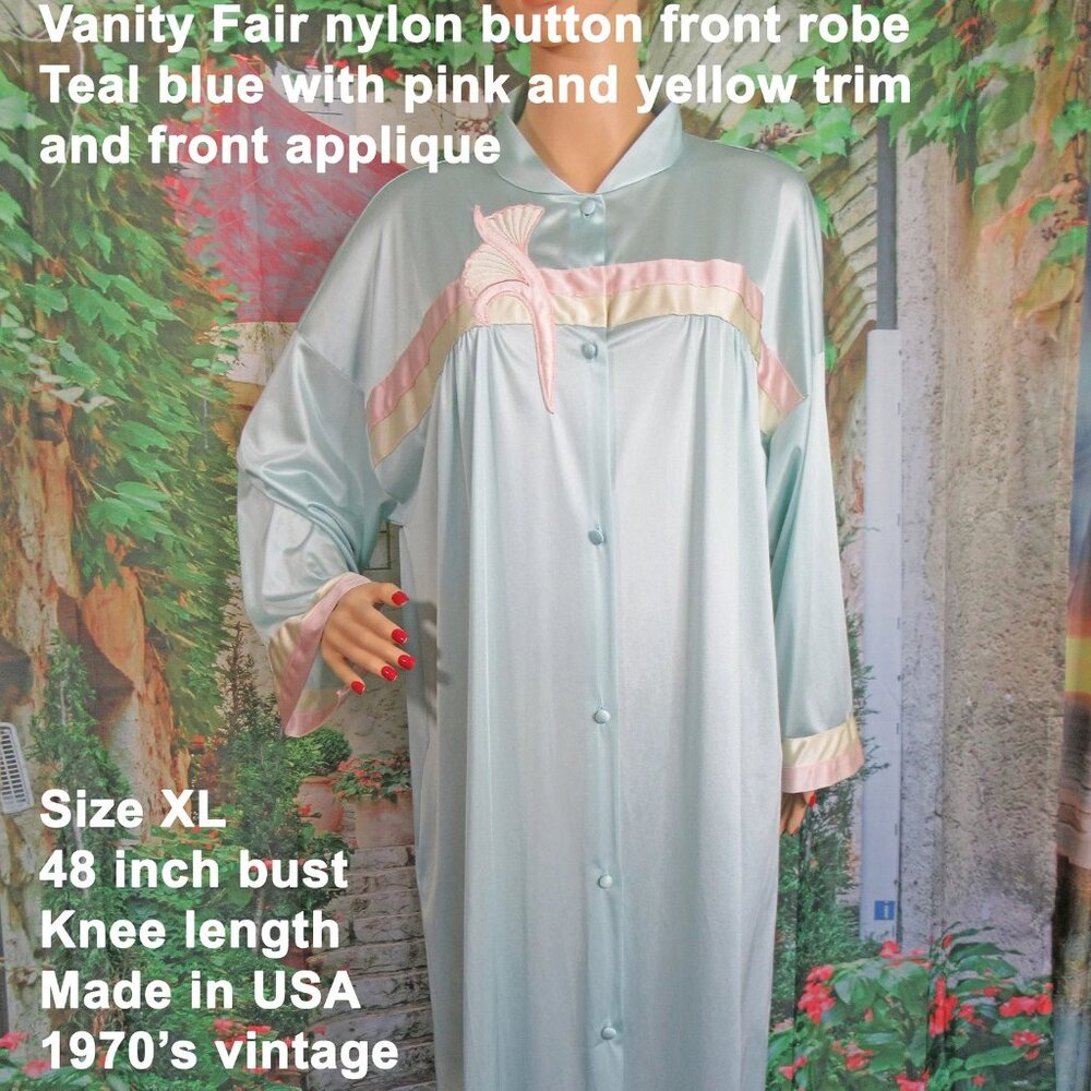 Sz XL Vanity Fair robe, 48" bust, Nylon button front teal, Pink yellow trim, VTG